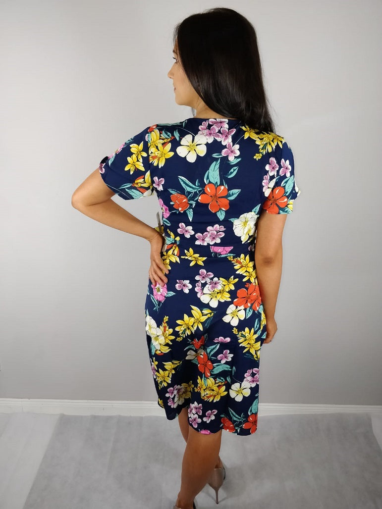 Dori Navy Floral Wrap Style Midi Dress